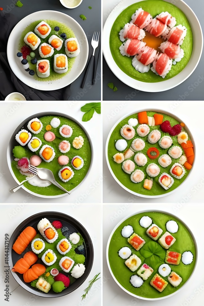 Collage of Sushi Rolls and Green Soup Collage of Sushi Rolls and Green Soup