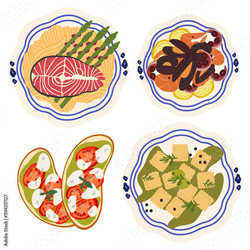 Traditional Italian cuisine. Cute vector retro stickers of traditional products and dishes, bolognese pasta, caprese, seafood risotto, ravioli, tomato and mozzarella toast. Italian food set