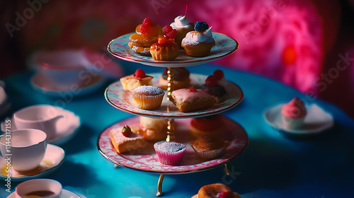 Three-tiered plate with assorted appetizers and treats, perfect for elegant events and catering photography. photo