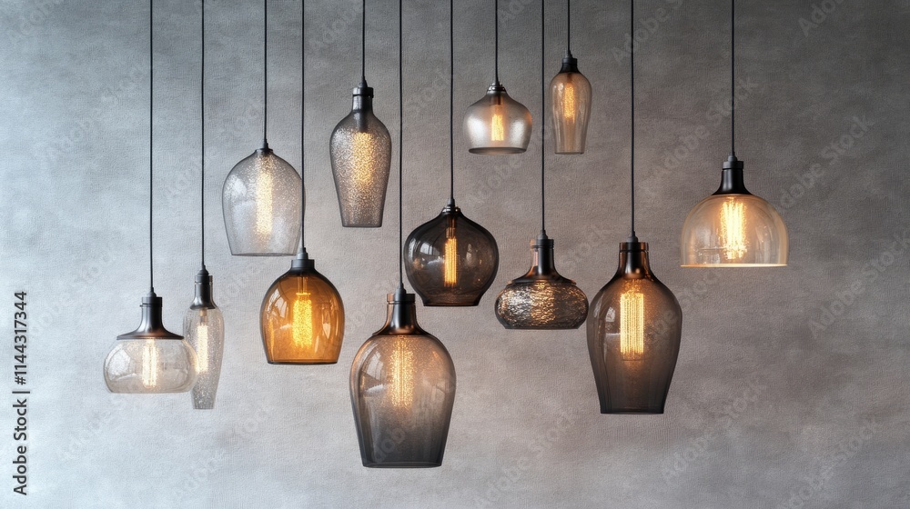 A modern set of pendant lights with metallic, glass, and matte finishes, hanging against a textured gray backdrop for timeless appeal A modern set of pendant lights with metallic, glass, and matte finishes, hanging against a textured gray backdrop for timeless appeal