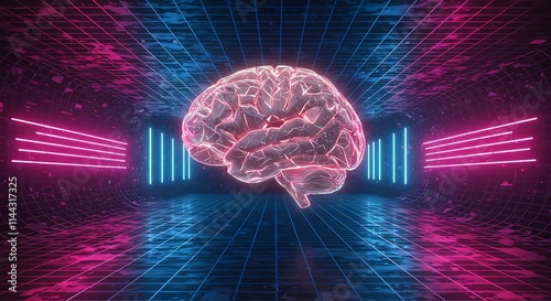 Abstract Glowing Digital Brain in Neon background. innovation cyberpunk skyline urban technology AI, data science neural networks machine learning vivid neon brain concept art illustration 