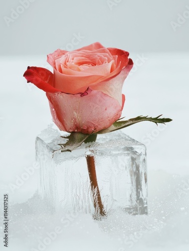 Beautiful Single Pink Rose in Clear Ice Block on Winter Snowy Background, Capturing the Essence of Christmas and Seasonal Elegance