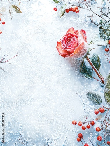 Beautiful winter scene featuring a single frozen rose surrounded by delicate snowflakes and vibrant red berries, perfect for Christmas and winter-themed designs and projects.