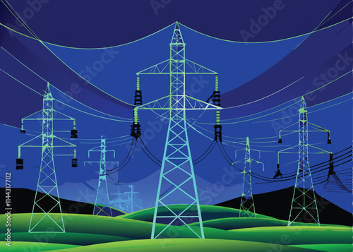 Create a futuristic vector illustration of a high-tech power grid with transmission towers, glowing nodes, and energy streams.