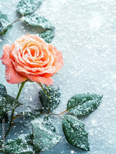 Beautiful Pink Rose with Snowy Background and Green Leaves, Perfect for Winter and Christmas Themed Decorations, Showcasing Natural Beauty and Seasonal Vibes