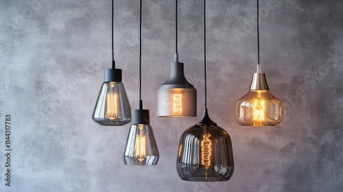 A modern set of pendant lights with metallic, glass, and matte finishes, hanging against a textured gray backdrop for timeless appeal