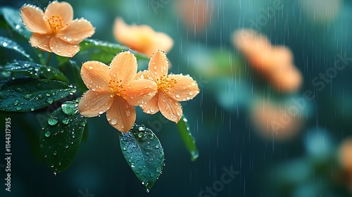 A dreamy, spring rain texture with raindrops falling gently on blooming flowers, creating a serene and refreshing seasonal atmosphere, seasonal renewal ::2 petrichor perfume, blossoming beauty,  photo