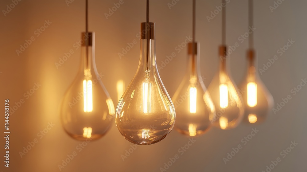 A row of glass teardrop-shaped pendant lights with warm glows, casting soft light against a neutral beige background A row of glass teardrop-shaped pendant lights with warm glows, casting soft light against a neutral beige background