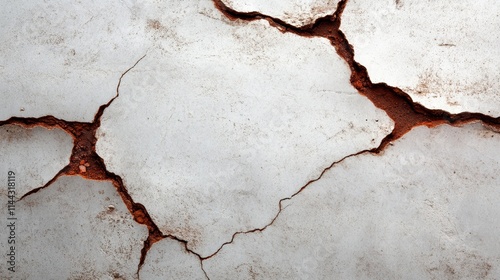 A close-up view of cracked earth with deep fissures, exposing vivid red soil beneath, depicting the effects of drought and soil erosion in an arid environment.