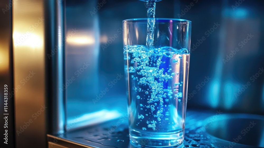 A glass of water being filled from a modern dispenser with an LED-lit water cooler A glass of water being filled from a modern dispenser with an LED-lit water cooler