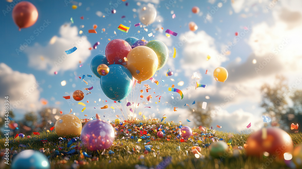 whimsical scene of colorful balloons floating above grassy field, surrounded by confetti and bright sky whimsical scene of colorful balloons floating above grassy field, surrounded by confetti and bright sky