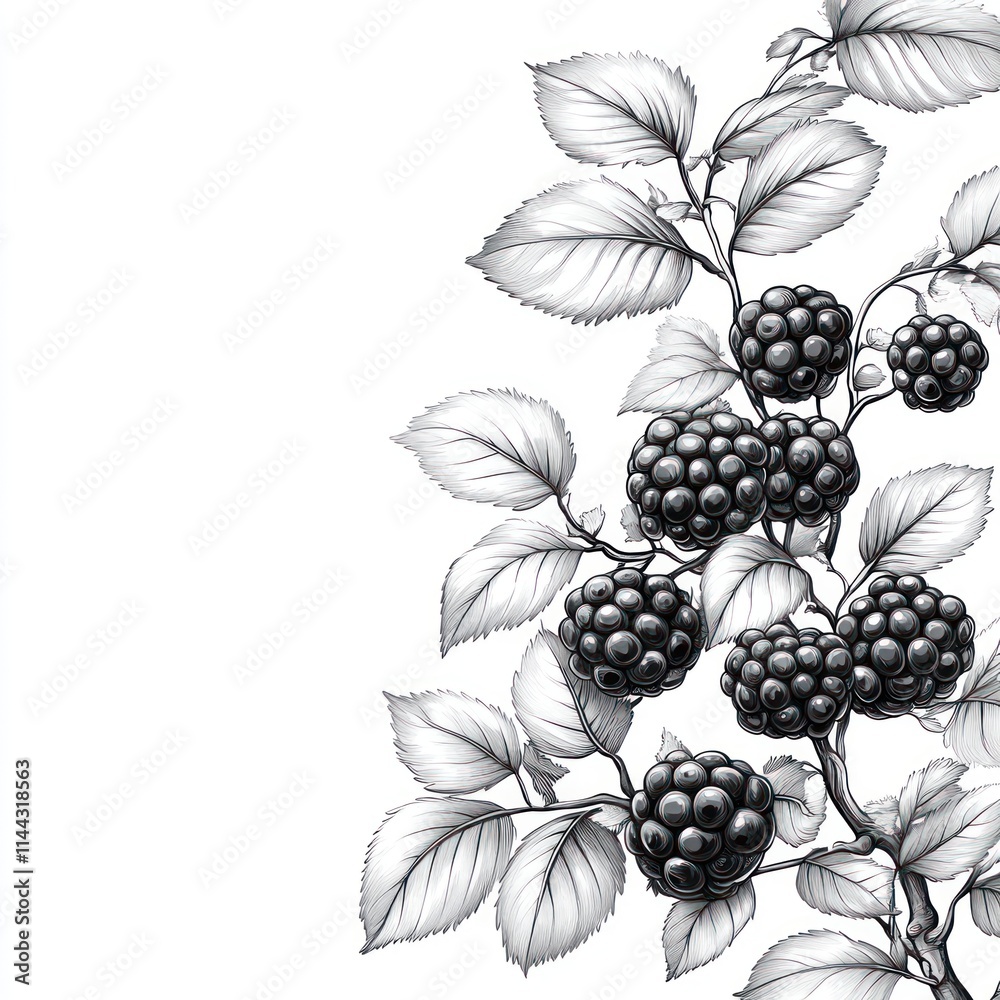 Monochrome illustration of blackberry branch with leaves and ripe berries. Monochrome illustration of blackberry branch with leaves and ripe berries.