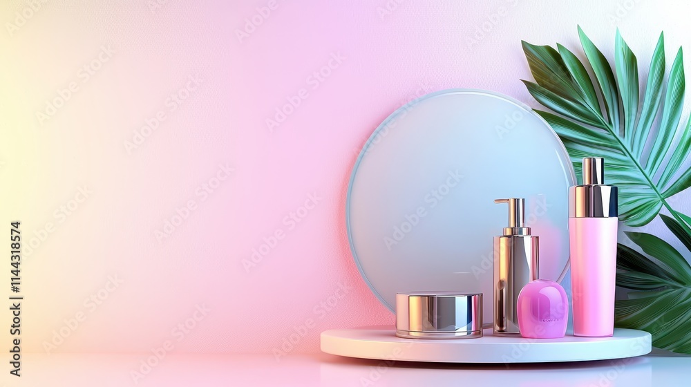 Elegant Display of Skincare Products with Tropical Leaf Accent Elegant Display of Skincare Products with Tropical Leaf Accent