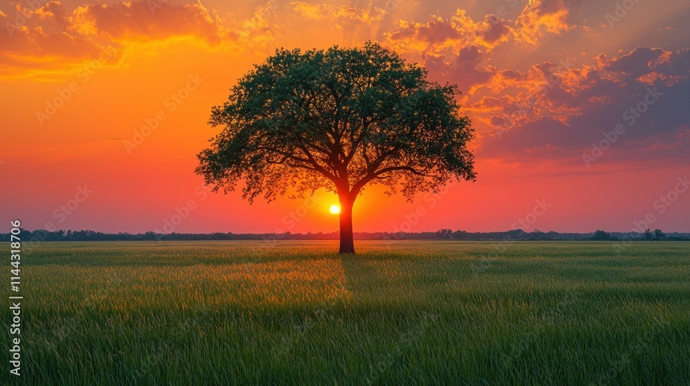 Obraz premium A solitary tree at sunset in a vast field.
