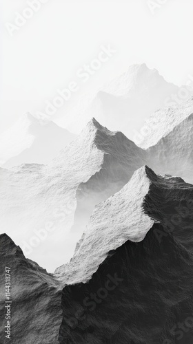 Monochrome Mountain Peaks in the Mist: Black and White Minimalist Landscape with Textured Rocks and Layers of Fog in a Serene Alpine Setting