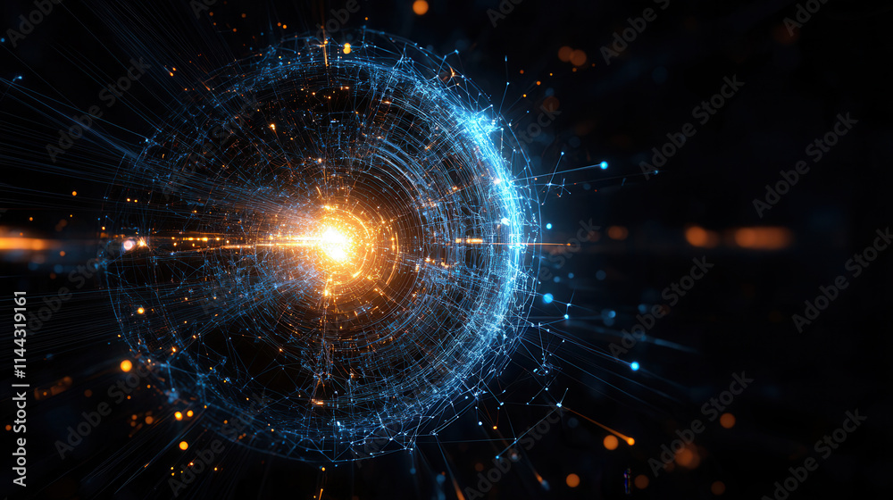 Fototapeta premium glowing abstract sphere with interconnected lines and particles radiates energy. vibrant colors create dynamic and futuristic atmosphere