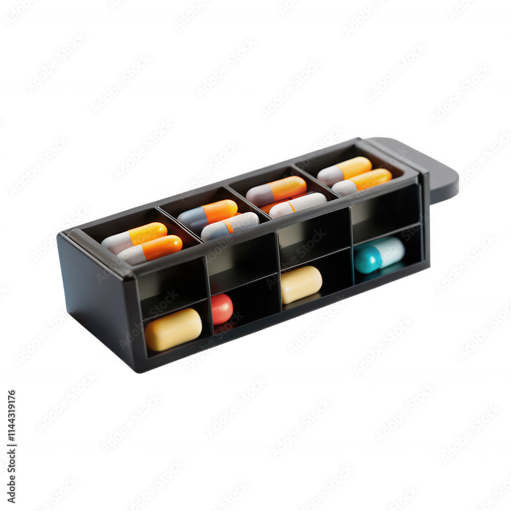 A modern pill organizer designed for daily medication, featuring several compartments filled with colorful capsules and tablets.