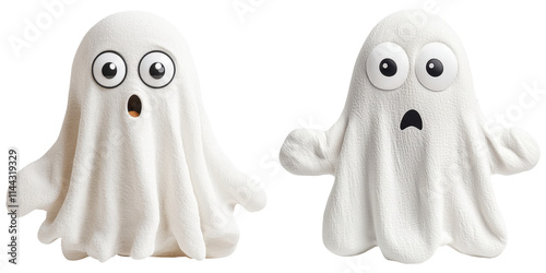 Two cartoonish ghost figures with large eyes, expressing surprise and fear, featuring a flowing white form and rounded edges.