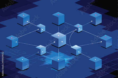 Create a vector illustration depicting a secure blockchain transaction, showcasing encrypted data blocks linked by cryptographic chains.