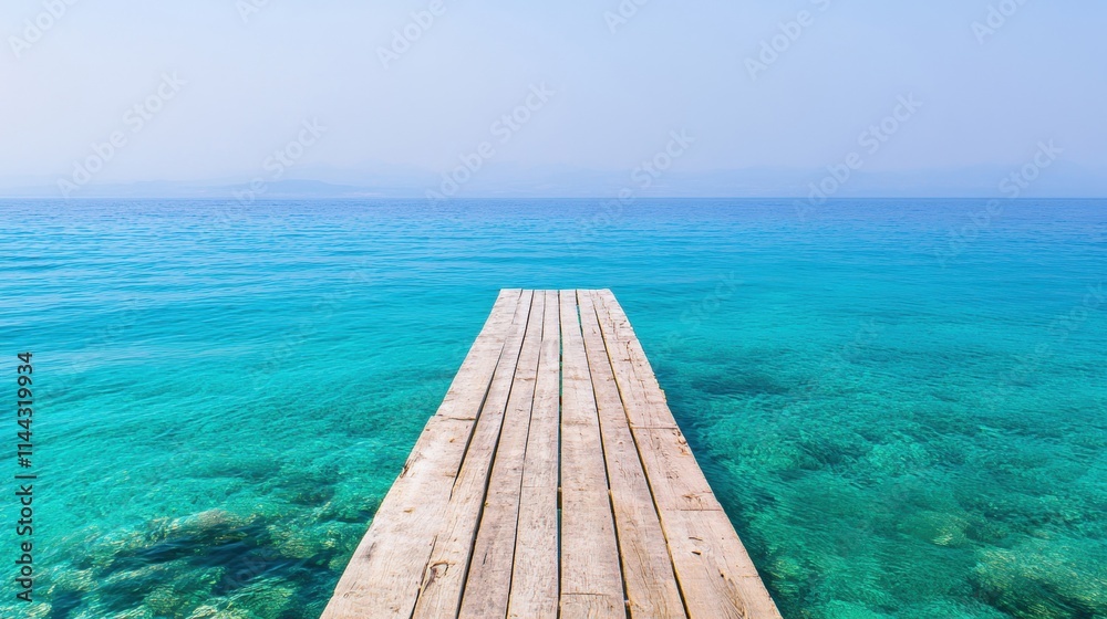 Obraz premium A peaceful wooden pier reaches into the serene blue ocean under a clear sky, inviting relaxation and contemplation