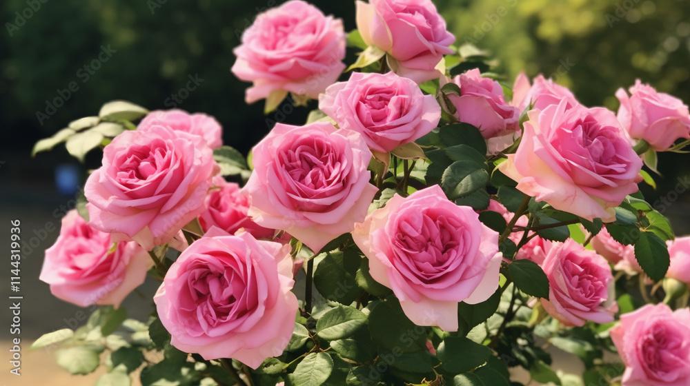 A lush, pink rose bush with many blooming roses of various sizes and colors. A lush, pink rose bush with many blooming roses of various sizes and colors.