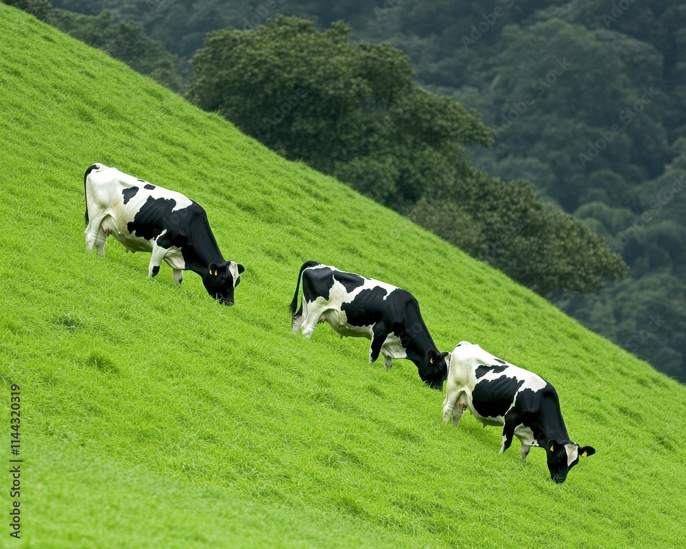 Three Holstein cows graze on a lush green hillside pasture. Three Holstein cows graze on a lush green hillside pasture.