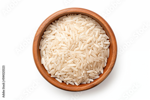 white rice grain in  bowl isolated on white background top view.