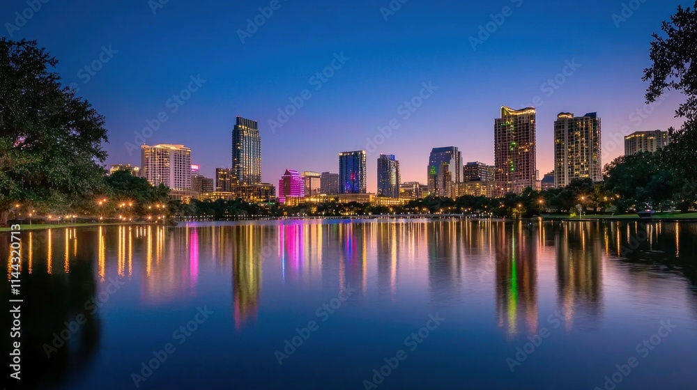 Naklejka premium A city skyline at dusk, with the last rays of evening light illuminating tall buildings and reflecting off the water.