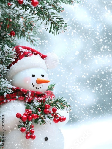 Festive Winter Scene Featuring a Cute Snowman in a Santa Hat Surrounded by Christmas Decorations and Falling Snowflakes for Holiday Celebrations and Greetings