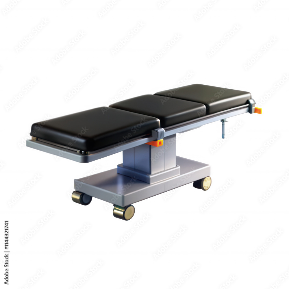 A modern surgical examination table with a sleek design, featuring a black padded surface and a metallic base with wheels for mobility. A modern surgical examination table with a sleek design, featuring a black padded surface and a metallic base with wheels for mobility.