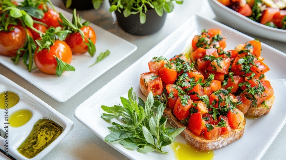 Delicious Bruschetta Topped with Fresh Tomatoes and Basil on a White Plate Delicious Bruschetta Topped with Fresh Tomatoes and Basil on a White Plate