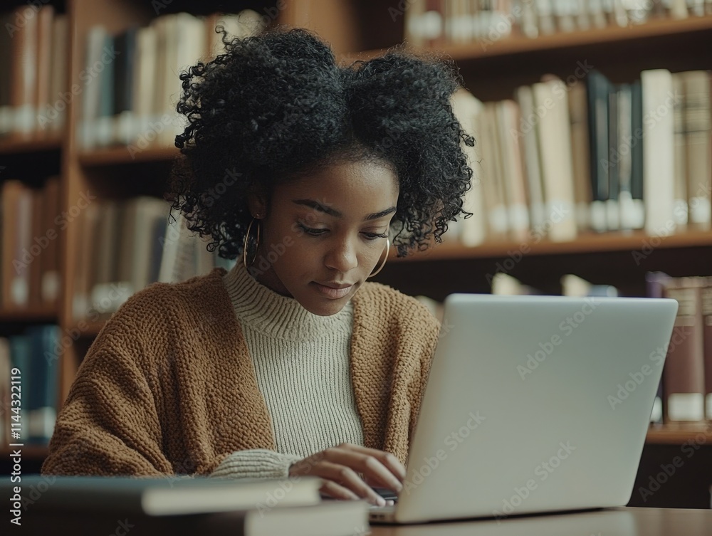 Young Black woman in a brown sweater studying on a laptop at a library desk, surrounded by bookshelves. A focused and studious scene emphasizing education, learning, and personal development. Young Black woman in a brown sweater studying on a laptop at a library desk, surrounded by bookshelves. A focused and studious scene emphasizing education, learning, and personal development.