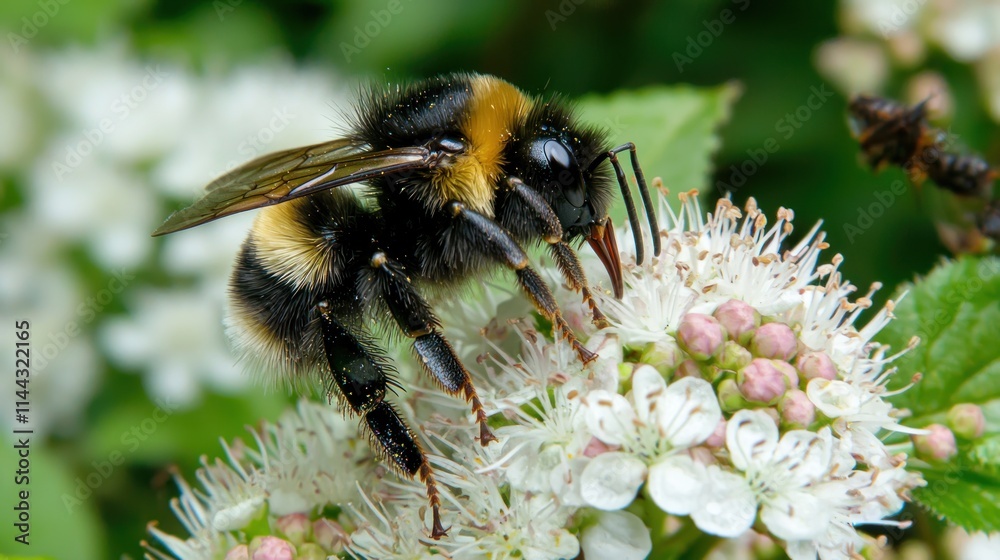 A close-up of a bee pollinating flowers in a garden, with other insects and plants thriving around it. A close-up of a bee pollinating flowers in a garden, with other insects and plants thriving around it.
