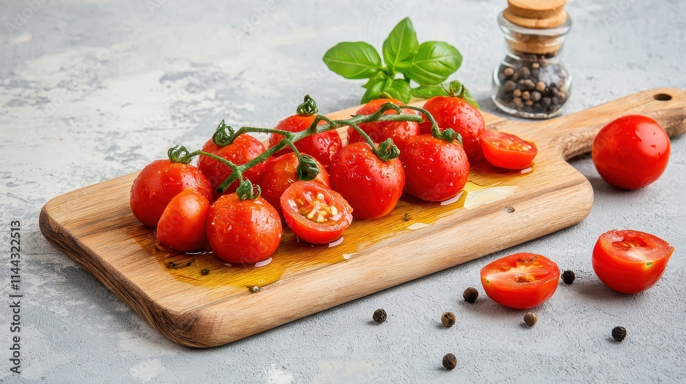 Fresh Red Tomatoes on Wooden Cutting Board with Olive Oil and Seasoning Fresh Red Tomatoes on Wooden Cutting Board with Olive Oil and Seasoning