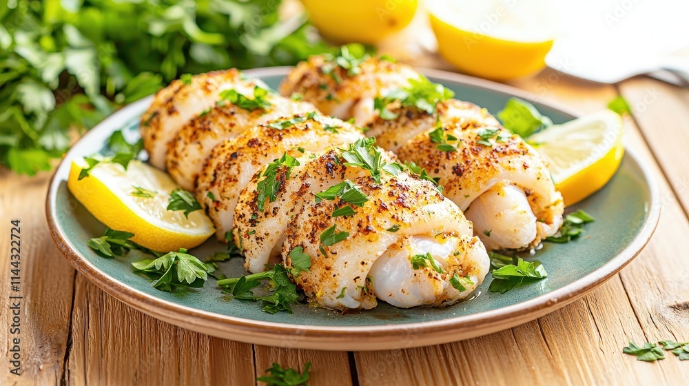 Grilled Fish Fillets Served with Lemon and Fresh Herbs on a Plate Grilled Fish Fillets Served with Lemon and Fresh Herbs on a Plate