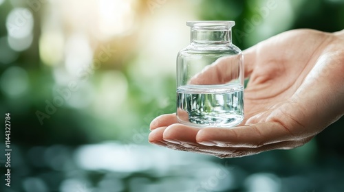 A beautiful crystal vial full of clear liquid cradled in a hand, set against a natural, green backdrop, symbolizing peace and environmental harmony. photo