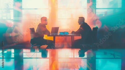 Two friends engaged in deep conversation over research papers and open laptops on a wooden table, collaborative study and academic discussion concept. photo