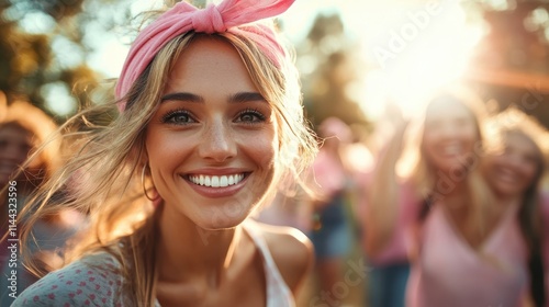 A radiant woman with a pink bandana smiles in sunlit outdoor scene, surrounded by happy friends at a vibrant gathering, reflecting joy and friendship.