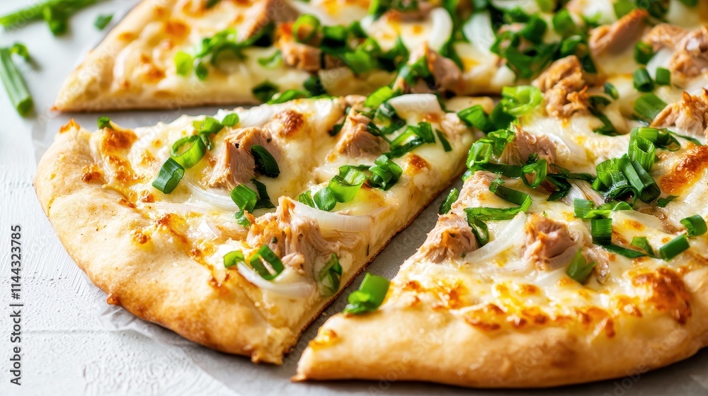 Savory Chicken Pizza with Fresh Green Onions on a Wooden Serving Board Savory Chicken Pizza with Fresh Green Onions on a Wooden Serving Board