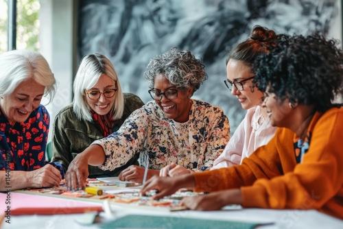 Group of women of various ages working together on a craft project. Community, creativity, shared activity concept. photo