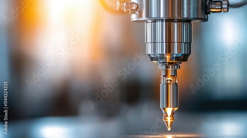 A close-up of a precision metal drill emitting a bright light in a high-tech workshop setting, emphasizing advanced engineering and modern manufacturing technology. photo