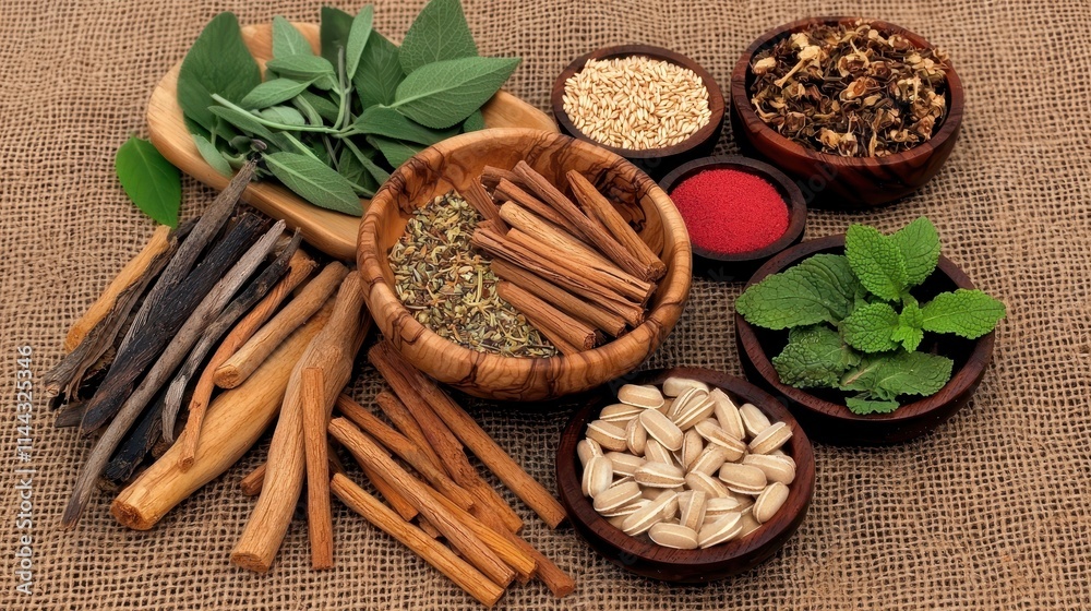 A Variety of Natural Herbs and Spices Arranged on a Rustic Background A Variety of Natural Herbs and Spices Arranged on a Rustic Background