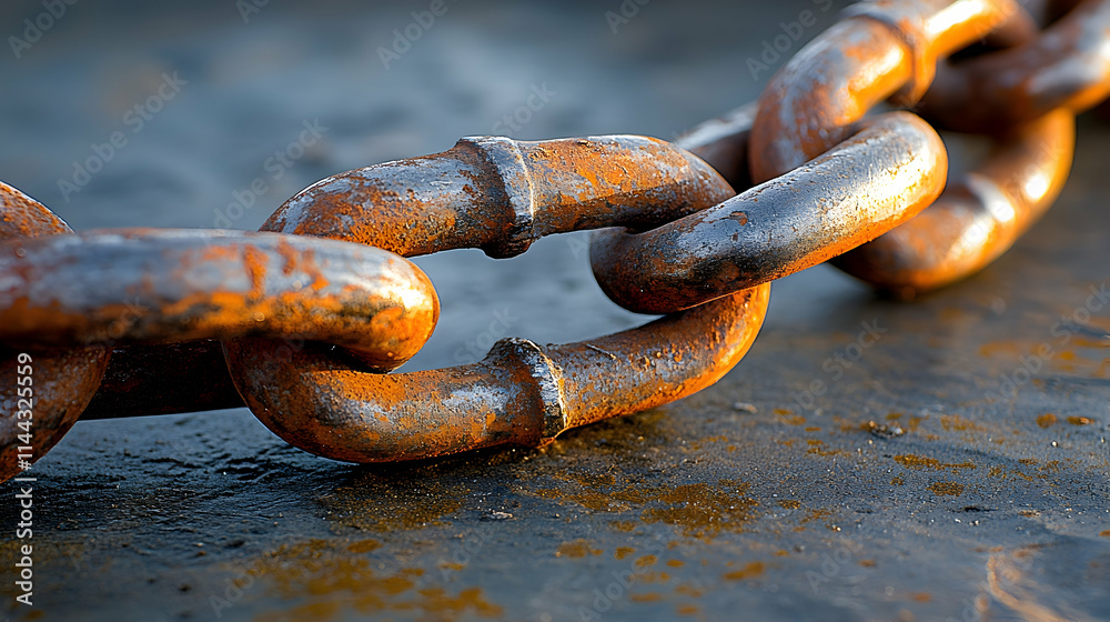 Close-up of a rusty chain link on a dark surface. Close-up of a rusty chain link on a dark surface.