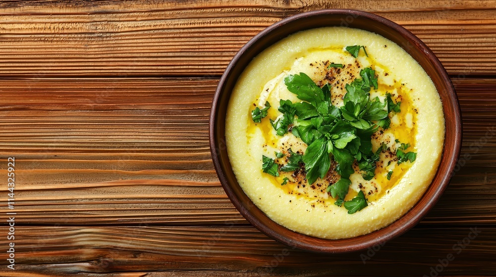 Creamy Polenta Dish with Fresh Herbs Served in a Wooden Bowl on Rustic Table Creamy Polenta Dish with Fresh Herbs Served in a Wooden Bowl on Rustic Table