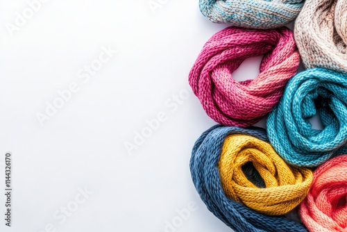 Colorful winter scarves arranged on a solid white background, perfect for seasonal warmth