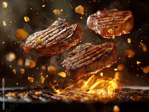 Sizzling grilled steak over open flames, infused with smoky flavor and juicy tenderness, capturing the essence of outdoor barbecue and rustic summertime dining.
