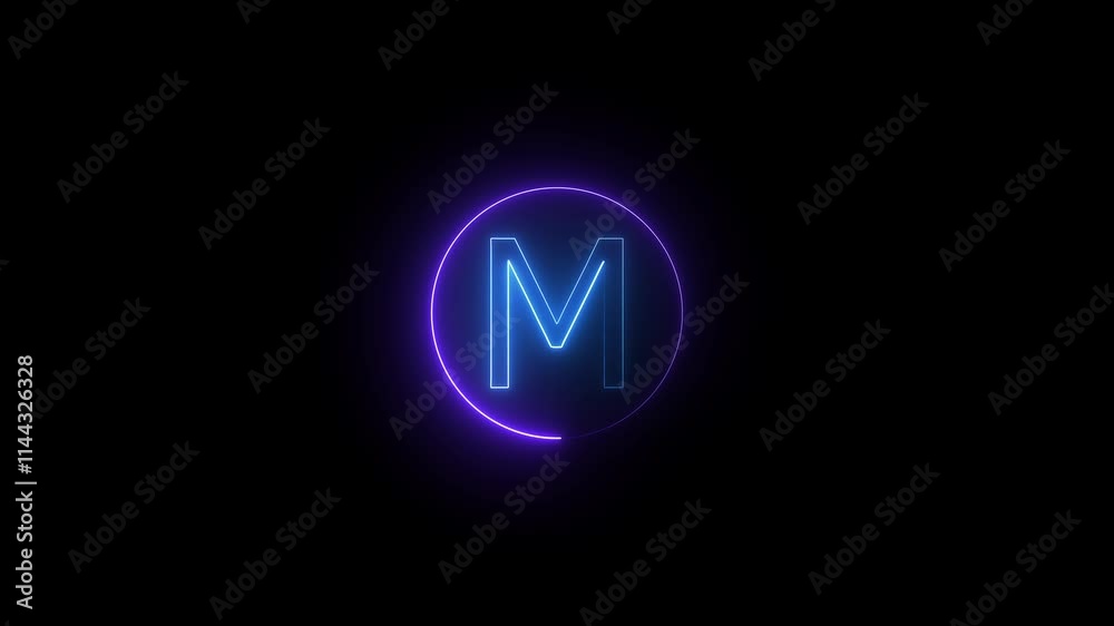 Neon M text animation on black background. M text and neon circle motion. Neon M text animation on black background. M text and neon circle motion.