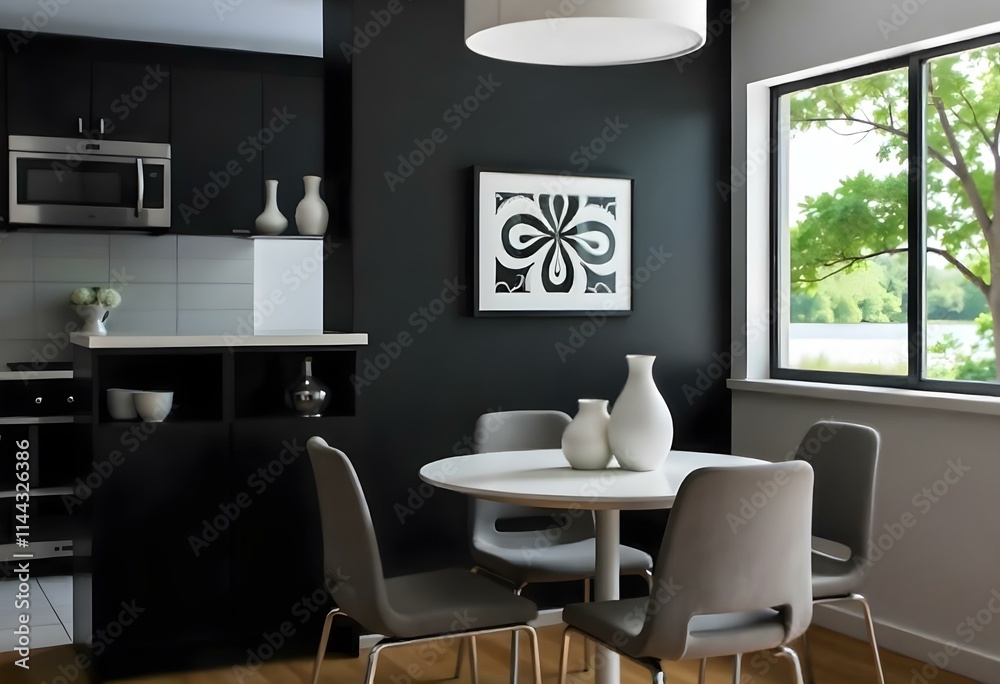 A modern dining room with a round white table , gray upholstered chairs , and a black accent wall with shelves displaying decorative vases . A modern dining room with a round white table , gray upholstered chairs , and a black accent wall with shelves displaying decorative vases .