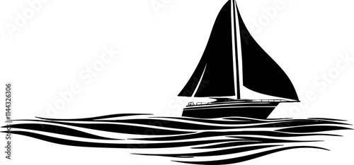 A minimalist black silhouette of a sailboat navigating through stylized waves on the ocean.