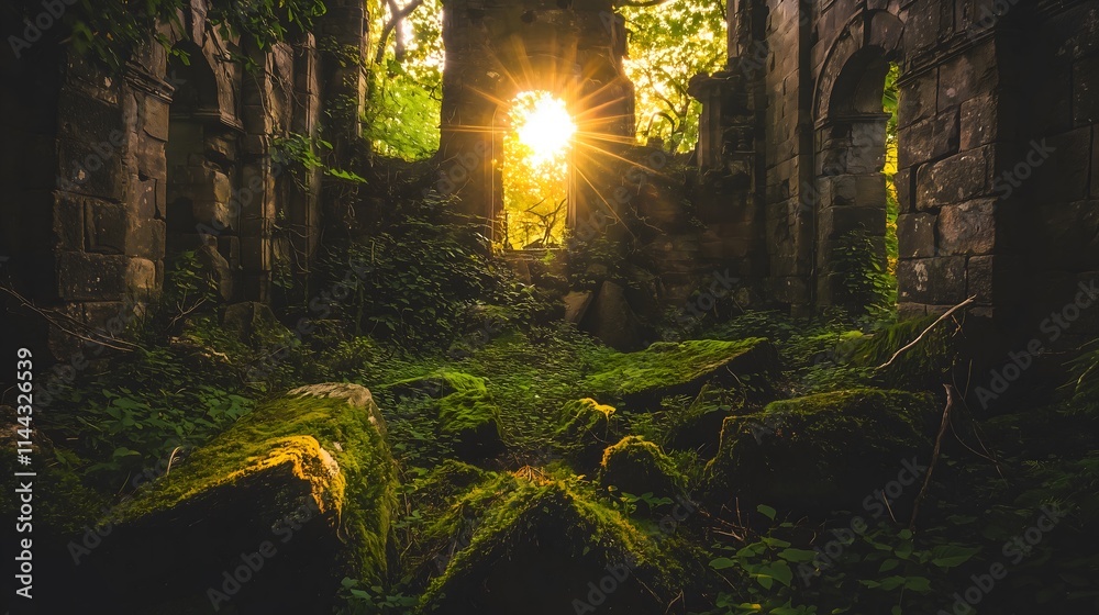 Fototapeta premium Sunlit ruins in enchanted forest